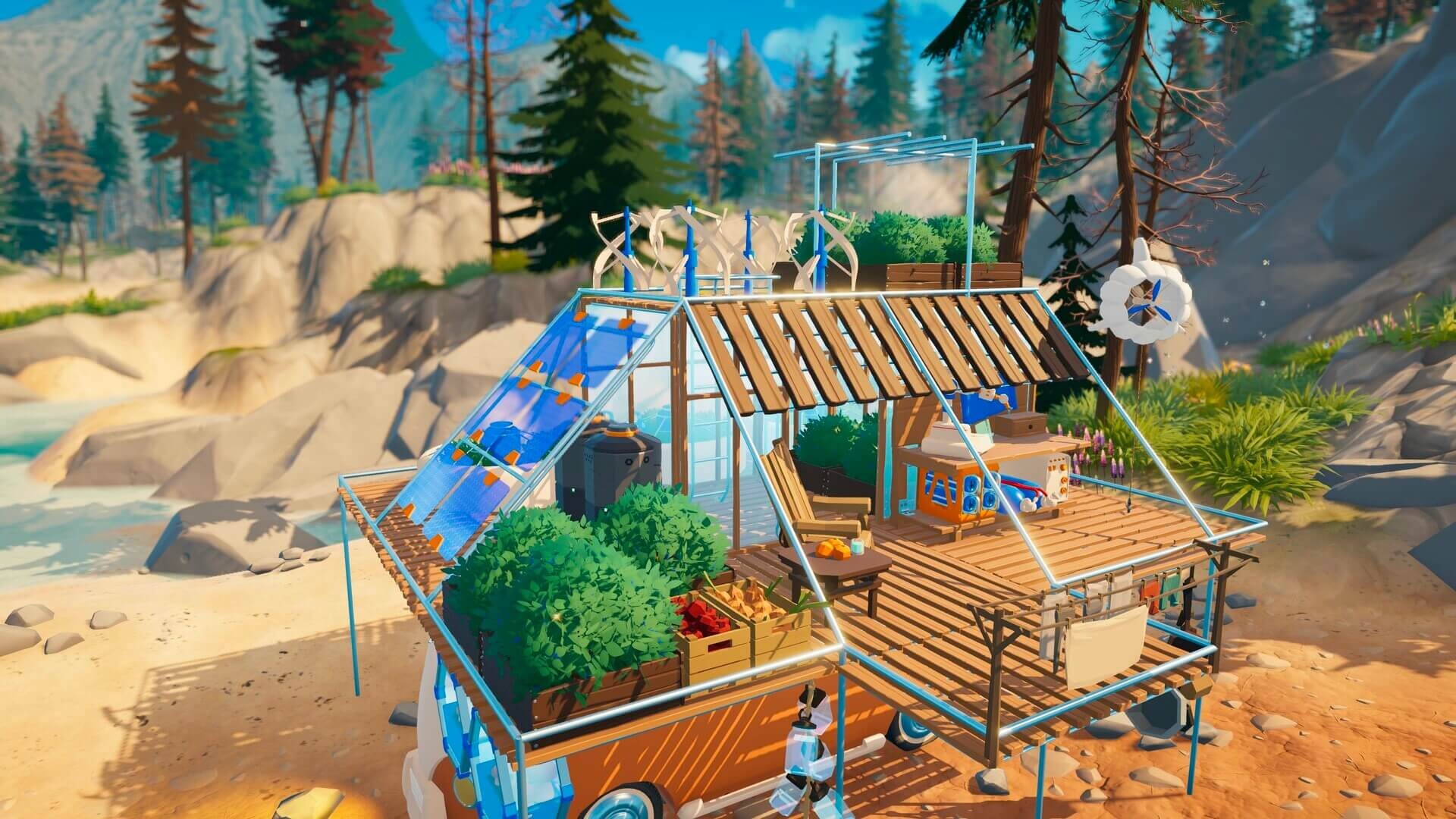 Outbound mobile base with solar panels and outdoor modules deployed beside a lake