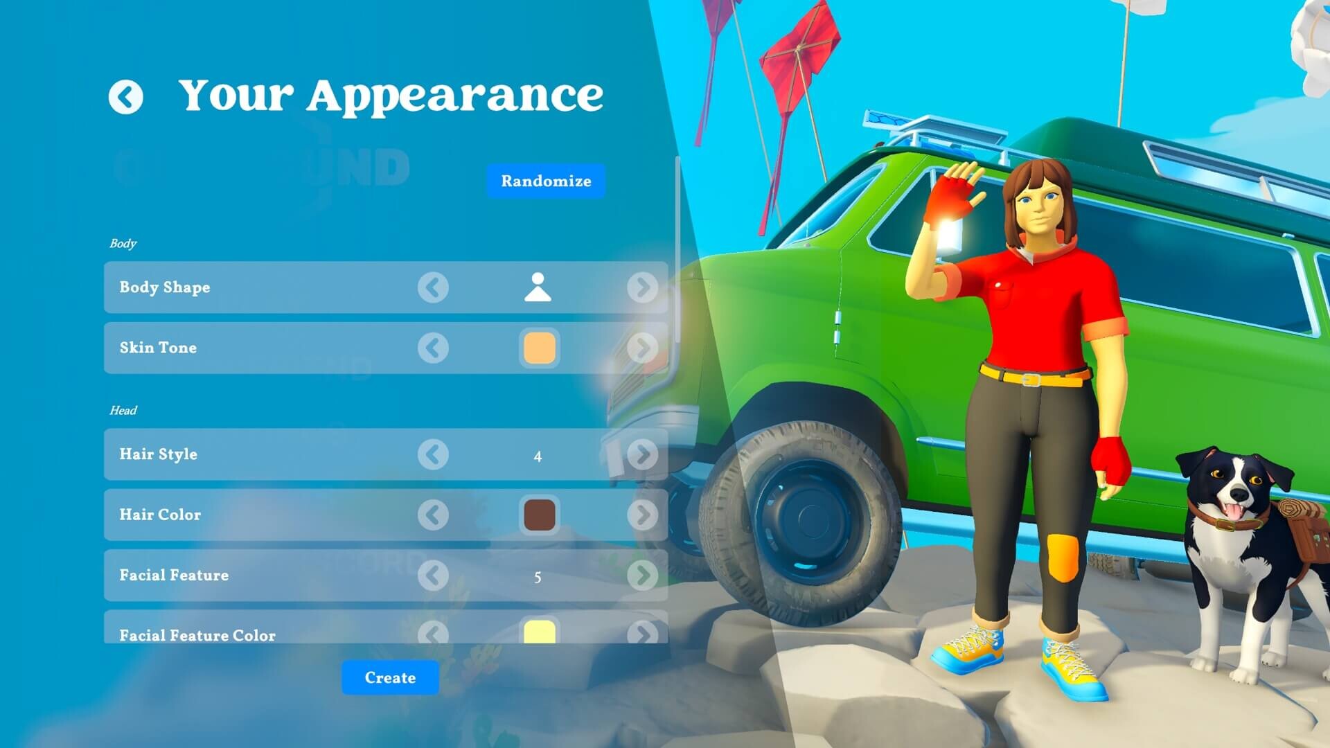 Outbound character appearance screen with clothing options beside the van