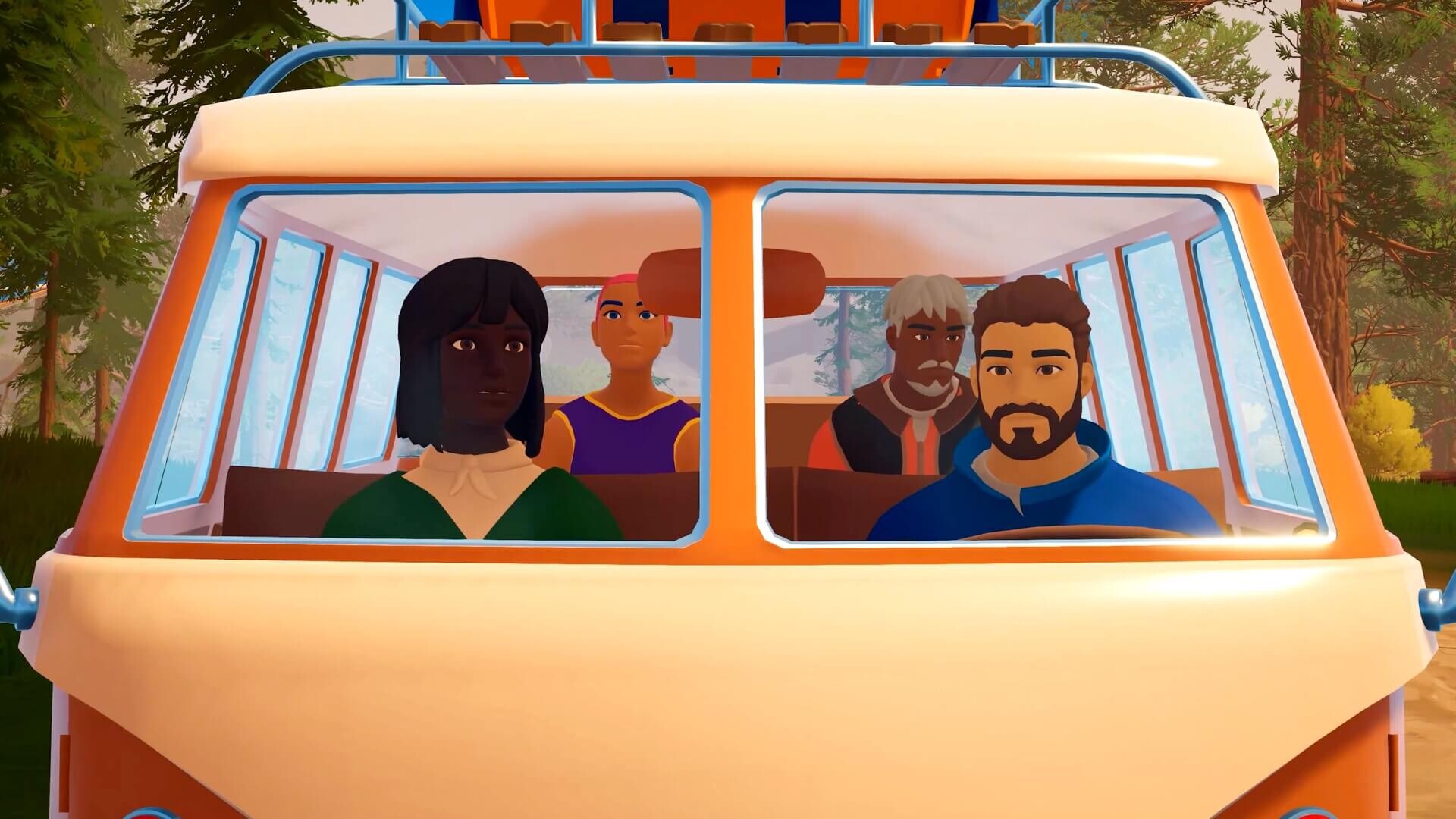 Two Outbound co-op players sitting together in the front seats of a camper van