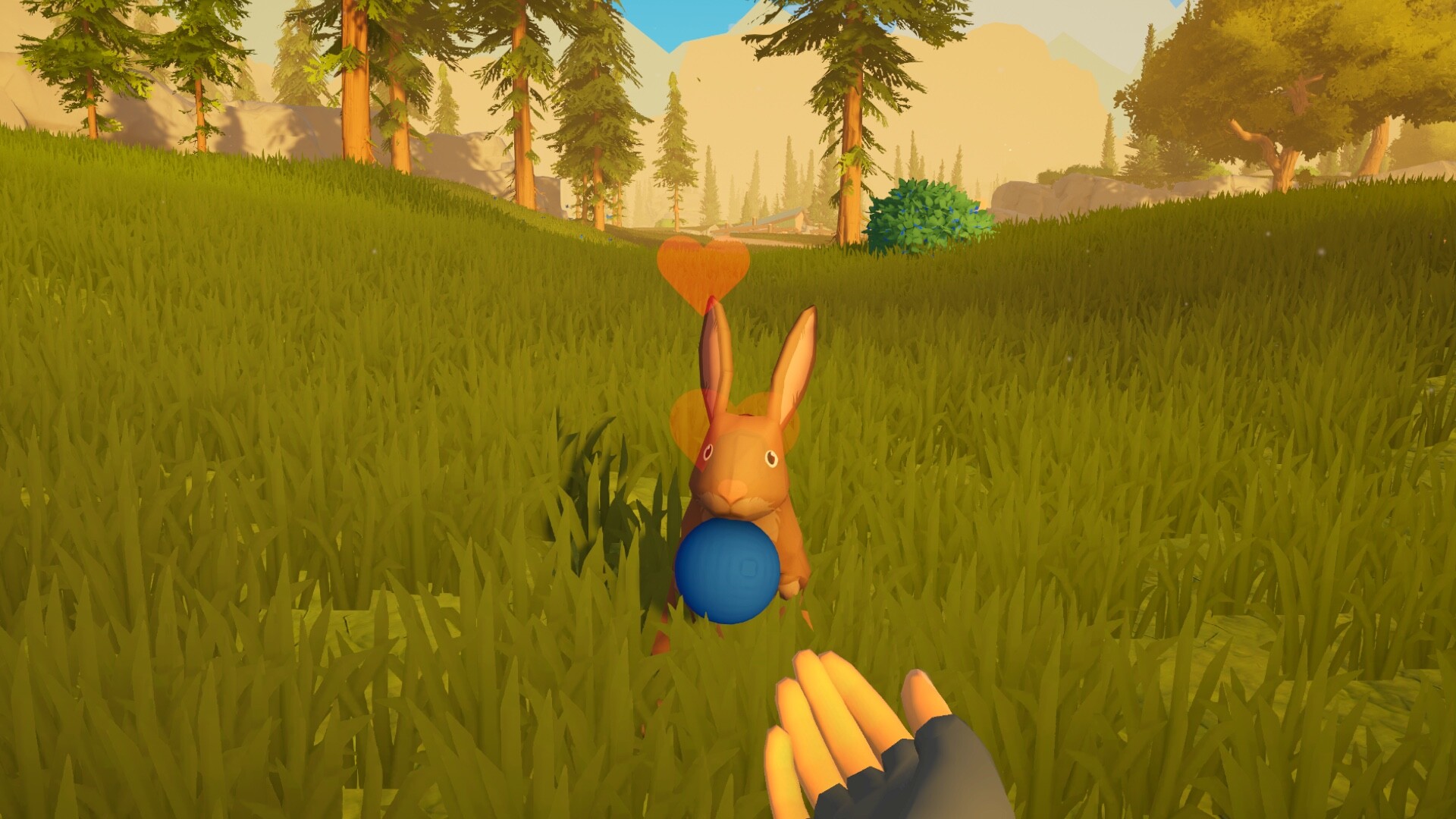 Outbound player looking at a dog companion in a grassy field
