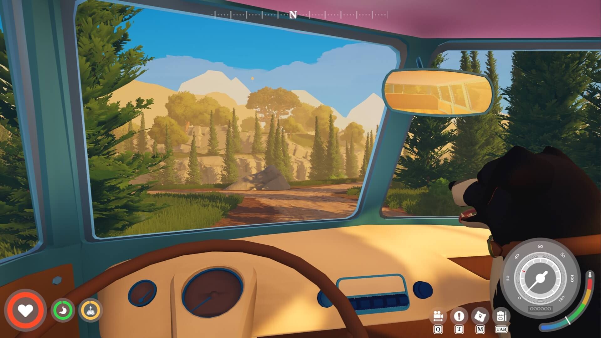 Outbound first-person driving view from inside a camper van