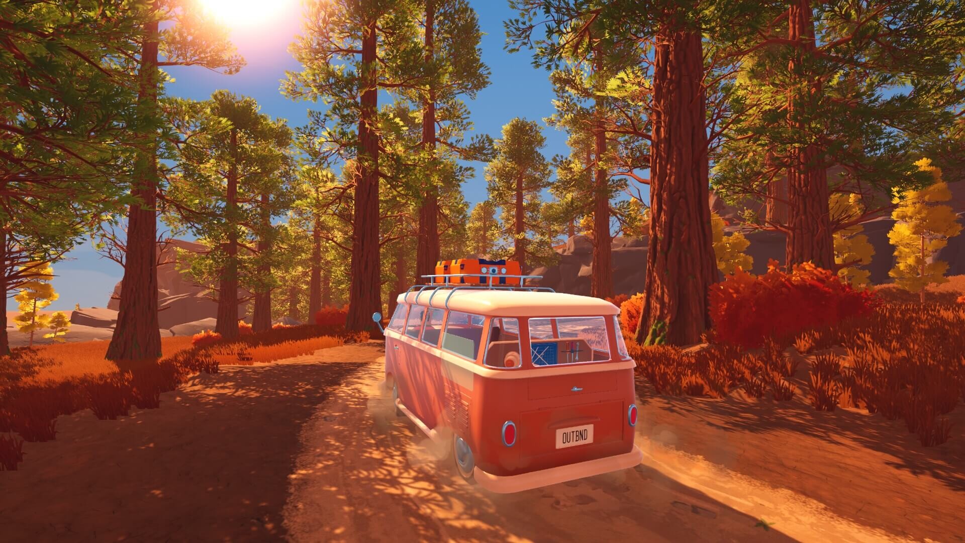 Outbound van at a forest campsite during sunset