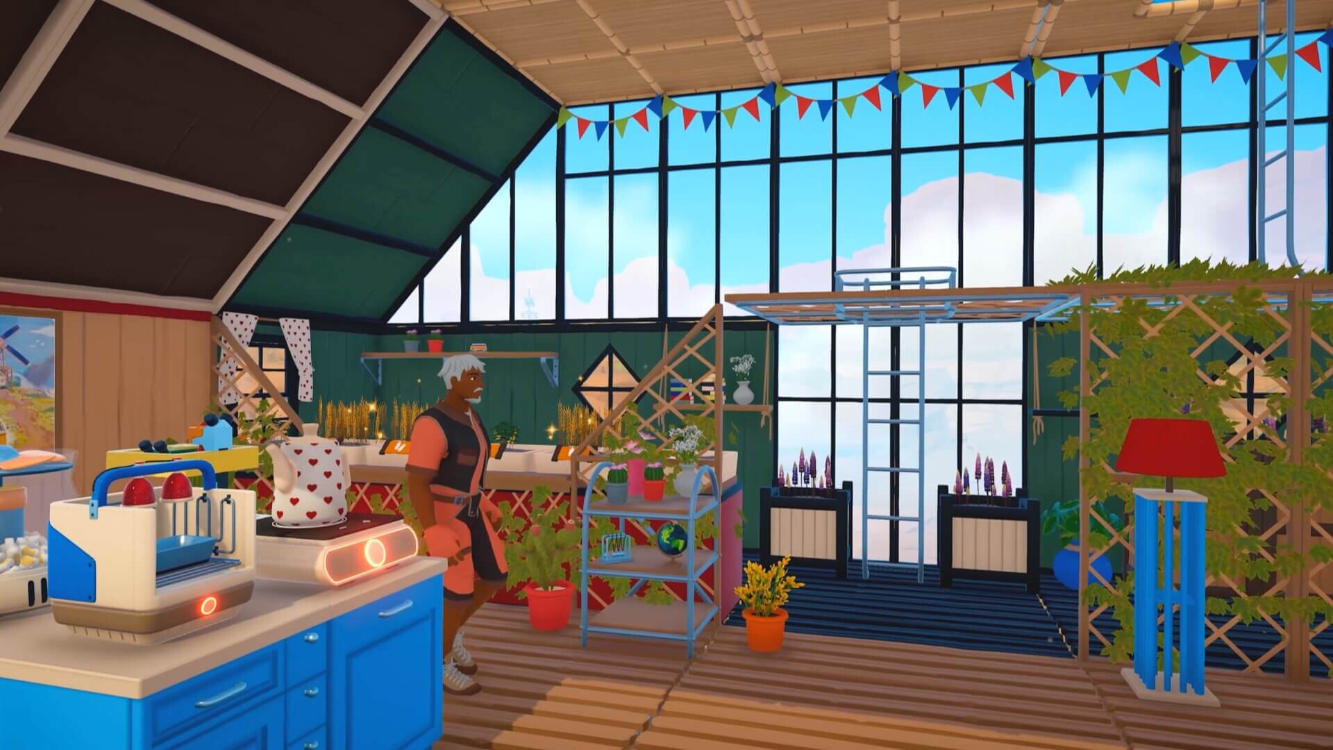 Outbound van interior greenhouse with solar panels and workshop equipment