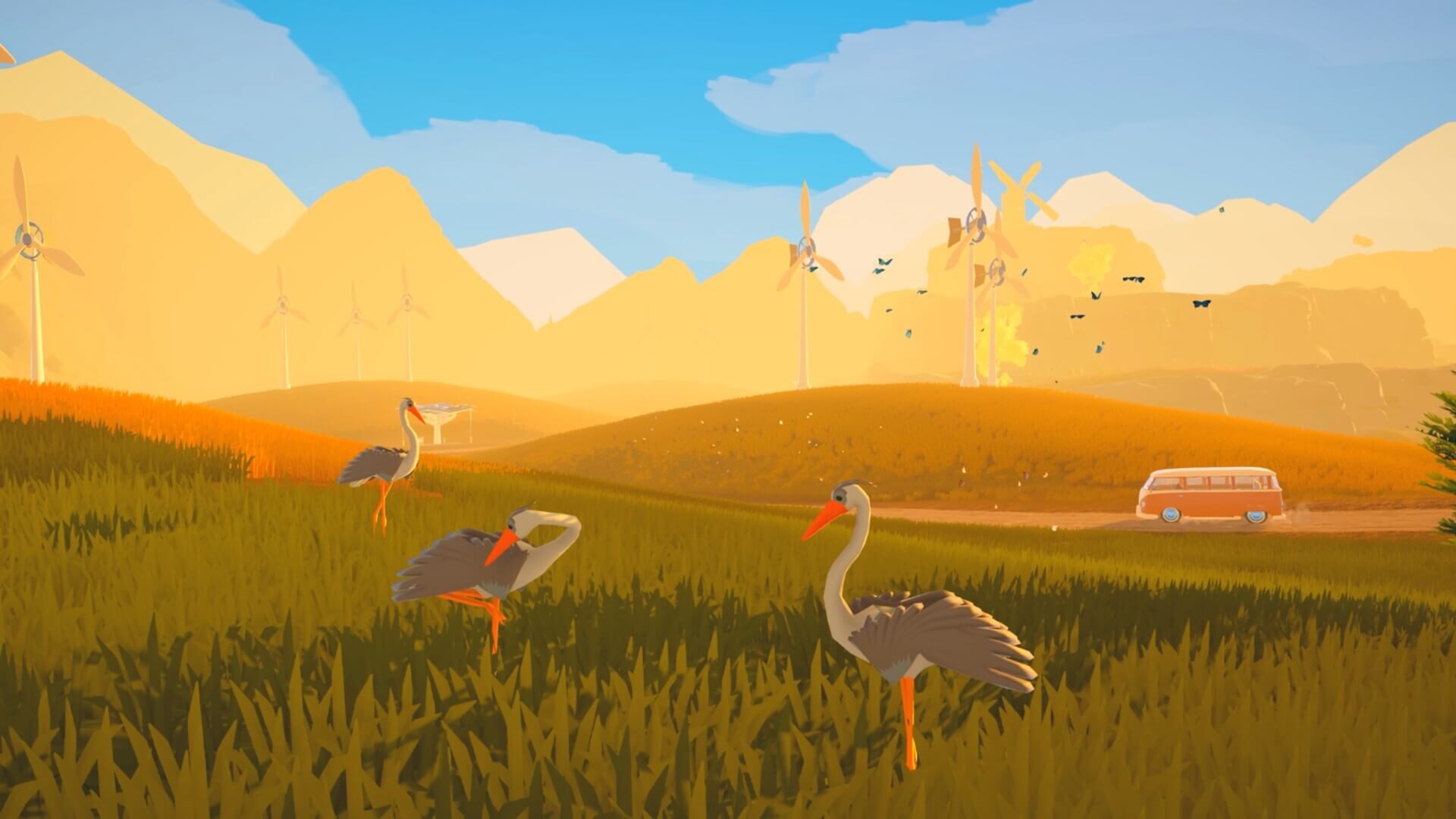 Outbound Meadows biome with grassland, wildlife, and mountains in the distance