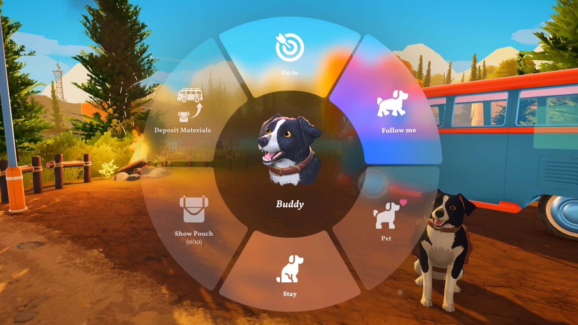 Outbound radial tool wheel open beside a parked camper van during early exploration