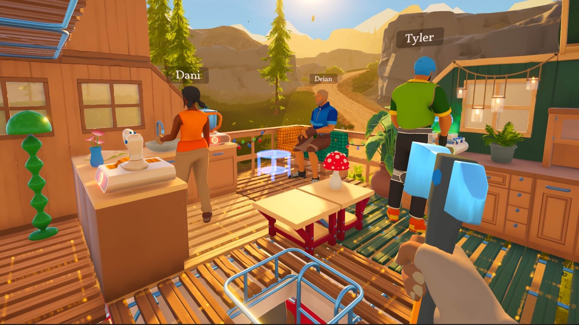 Outbound workshop area in a colorful town with crafting tables and supplies